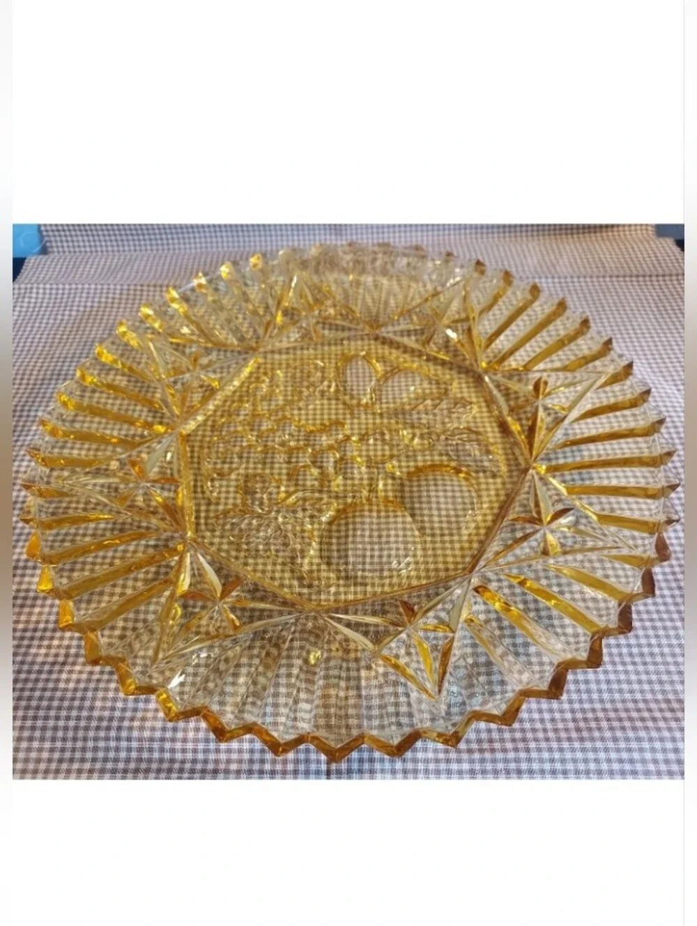 Vintage Federal Glass Serving Platter Plate Pioneer Yellow Amber Fruit 11 1/2